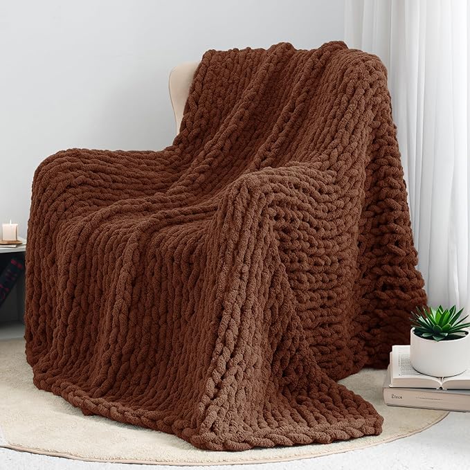 Chunky Knit Throw Blanket 60"X 80", 100% Handmade with Soft Chenille Yarn, 6.7lbs Thick Cable Knitted Blankets, Large Rope Knot Crochet Throws for Couch Sofa Bed Home Decor, Dark Brown