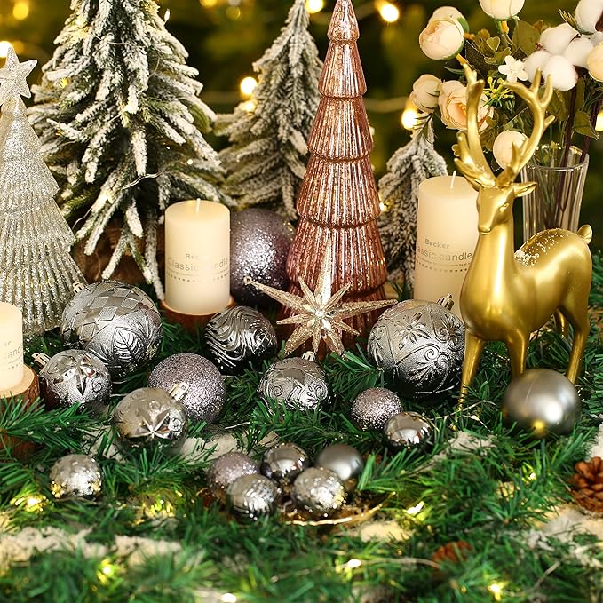 34ct Grey Christmas Ball Ornaments Shatterproof Plastic Christmas Tree Decorations for Xmas Party Home Office Holiday Decor -Medium Size (2.36"/ 60mm)
