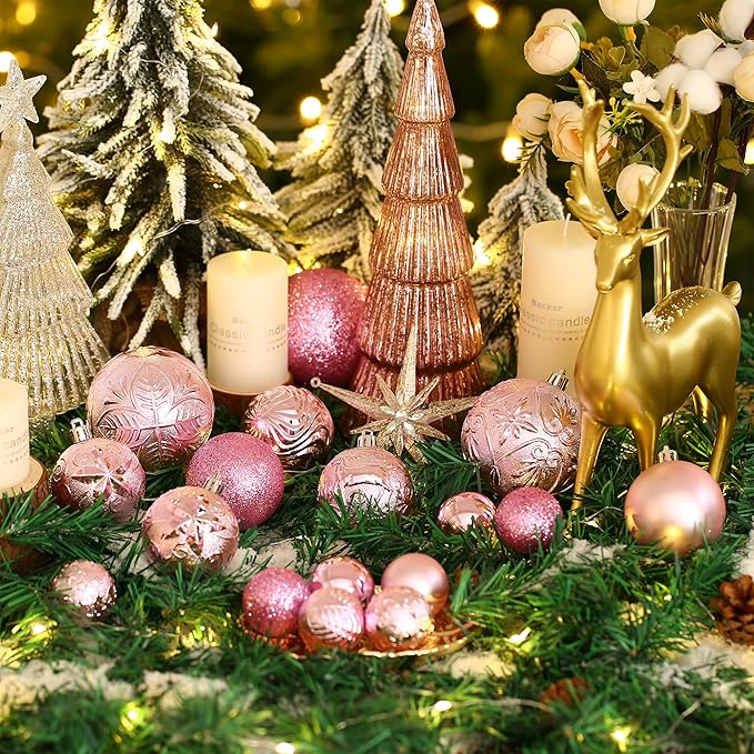 20ct Pink Christmas Ball Ornaments Shatterproof Plastic Christmas Tree Decorations for Xmas Party Home Office Holiday Decor -Large Size (3.15", 80mm)