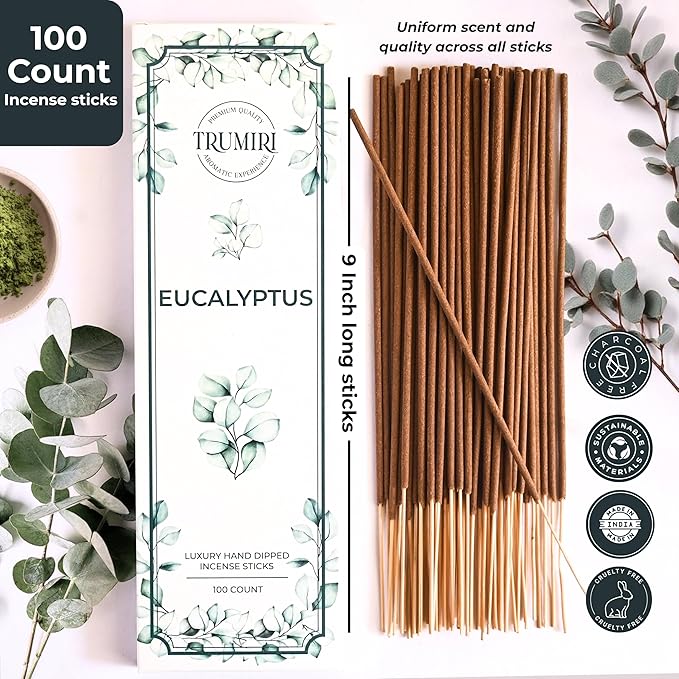 Eucalyptus Incense Sticks - Pack of 100 Insence-Sticks - Inciensos Aromaticos Made with Natural Essential Oil - Scented Insense Non Toxic Inscents