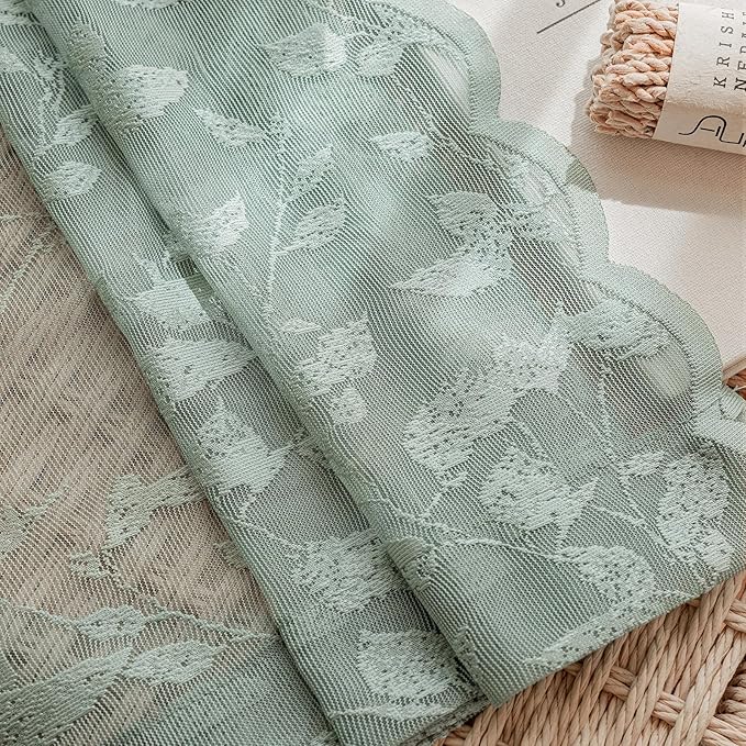 Sage Green Lace Semi-Sheer Curtains 2 Panels – Vintage Leaf Pattern Lace for Bedroom/Kitchen, Rustic Privacy Light Filtering Rod Pocket Window Drapes, Elegant Chic, 52W x 45L Inch
