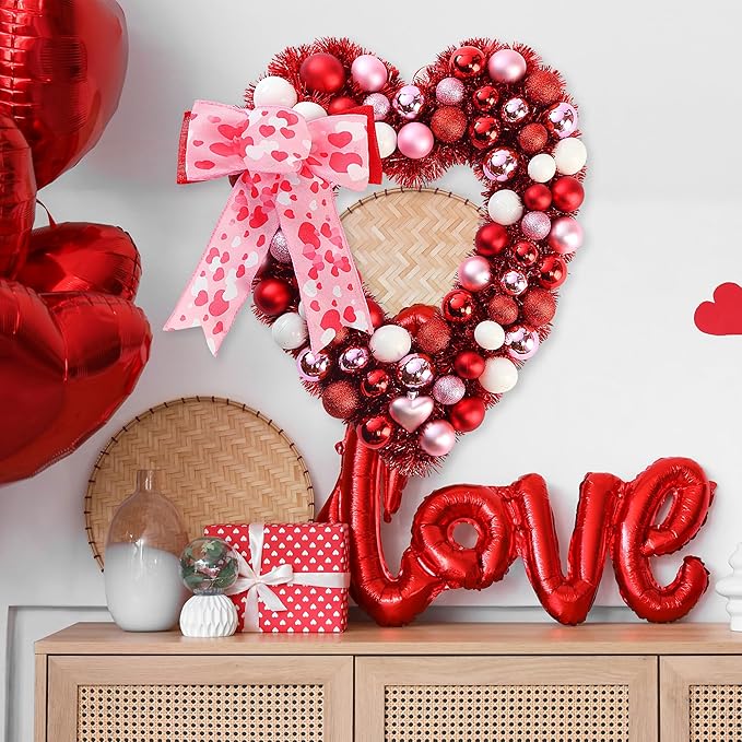 Sggvecsy 17.7’’ Heart Shaped Wreath with Bowknot Valentines Day Red Pink White Red Balls Decorations with Tinsel for Front Door Wedding Anniversary Wall Decor Gift for Girlfriend Mother’s Day