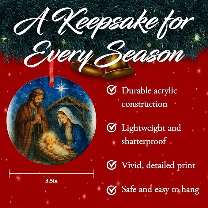 Holy Family Nativity Scene Acrylic Ornament - Catholic & Christian Christmas Decor - Star of Bethlehem, Religious Decorative Hanging Ornaments for Tree