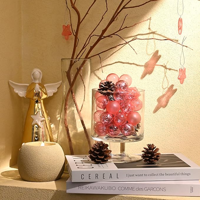 DecorbyHannah Mini Christmas Tree Ornaments, 35ct 1.18inches Pink Christmas Ball Ornaments for Tree Decorations, Small Pastel Clear Shatterproof Plastic Hanging Balls Bulk for Xmas, Party, Wedding