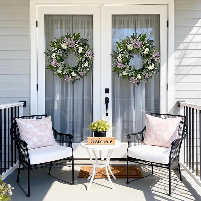 24 Inch Spring Wreaths for Front Door – Artificial Lamb Ear Leaf Wreath with White & Purple Flowers, Farmhouse Greenery Elegant Floral Wreath for Home Wall Decor, Durable Indoor Outdoor Use