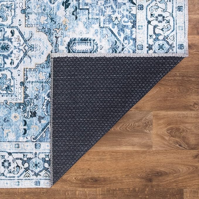 Bloom Rugs Caria Washable Non-Slip 12 ft Runner - Blue Traditional Runner for Entryway, Hallway, Bathroom, and Kitchen - Exact Size: 2'6" x 12'