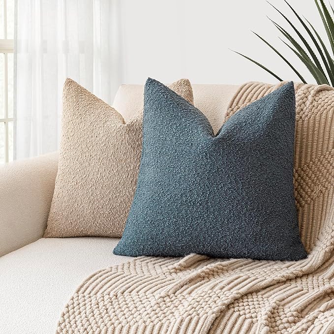 Foindtower Set of 2, Decorative Textured Boucle Throw Pillow Covers Accent Solid Pillow Cases Neutral Soft Cozy Couch Cushion Case for Chair Sofa Bedroom Living Room Home Decor 16 x 16 Inch Blue