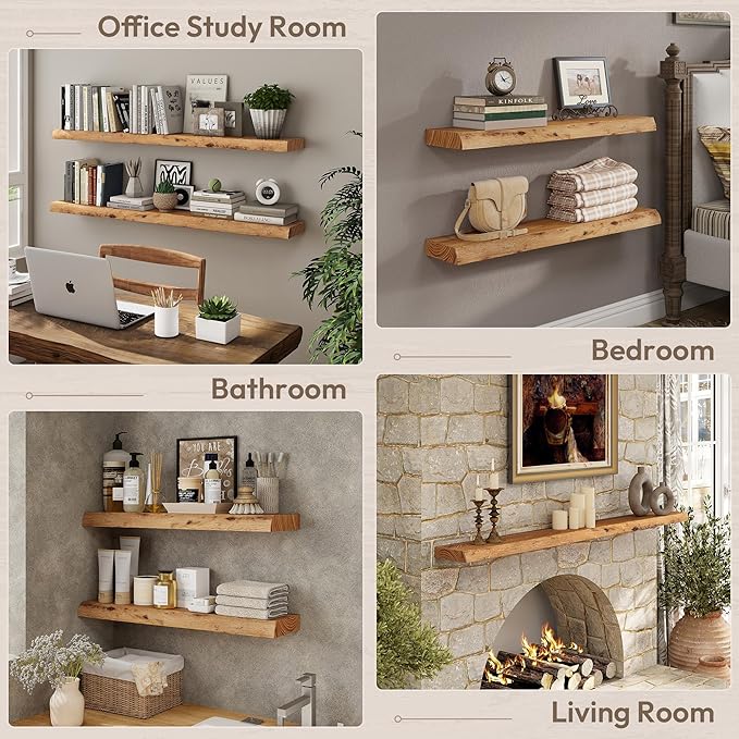 Marsmiles 72 inch Floating Shelves for Wall Elm Wood Live Edge Shelves Wall Mounted|Rustic Long Floating Shelves with Invisible Bracket for Bathroom Living Room Kitchen|Natural, 1 Pack