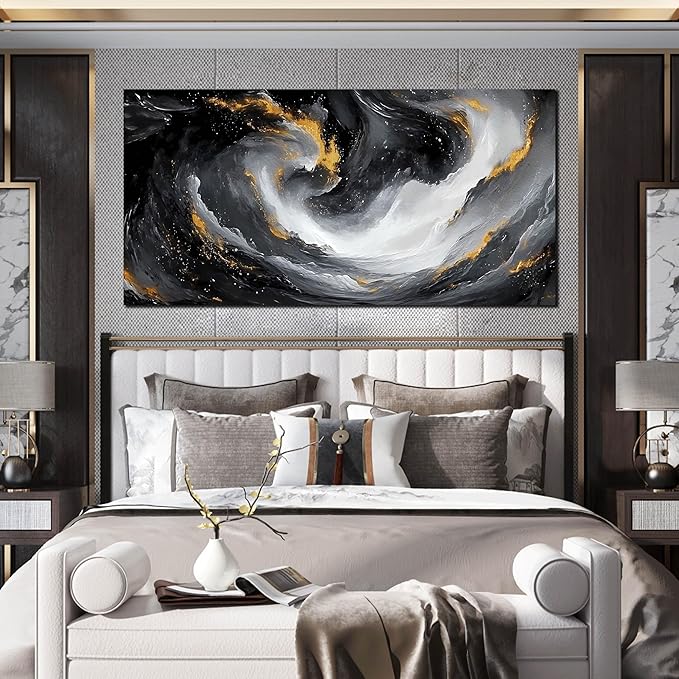 SIXTTART Large Abstract Canvas Wall Art for Living Room - Modern Pictures Wall Art for Office - Black White and Gold Wall Art for Bedroom Size 29" x 59"