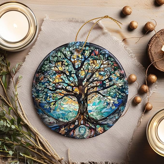 Stained Ceramic Tree of Life Ornament - Christmas Decorations and Holiday Present Ideas - Tree of Life Decor for Office, Room, Home