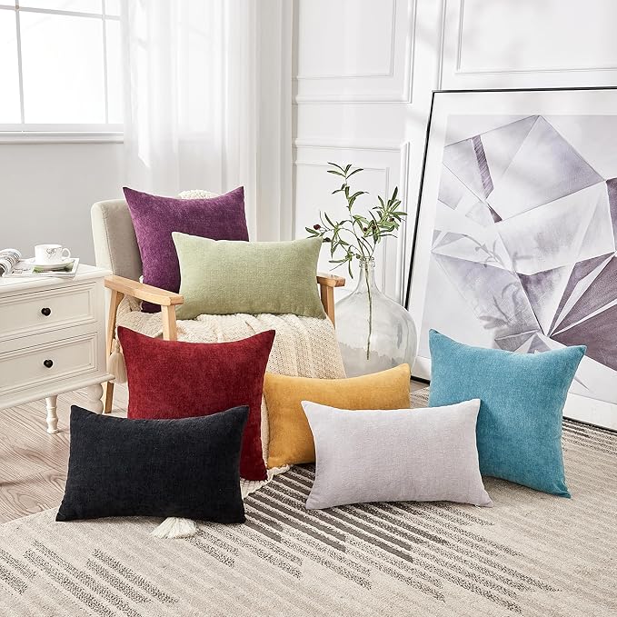 GAWAMAY Lumbar Support Pillow Decorative Throw Pillow Covers 12"x20" Inch Set of 2, Super Soft Chenille Pillowcase for Living Room Bedroom Sofa Couch Cushion Cover Light Grey 30x50cm (ONLY Covers)