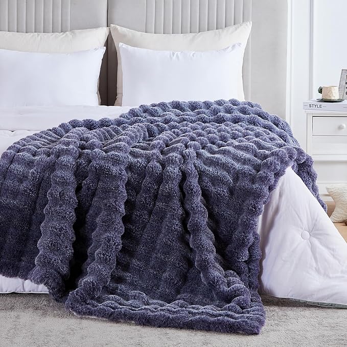 50x60 Inches Ultra-Soft Fuzzy Faux Fur Plush Throw Blanket - Thick, Warm Sherpa for Couch, Sofa, Bedroom, Camping - Decorative Blanket for Cozy Warmth, Bubble Dark Purple
