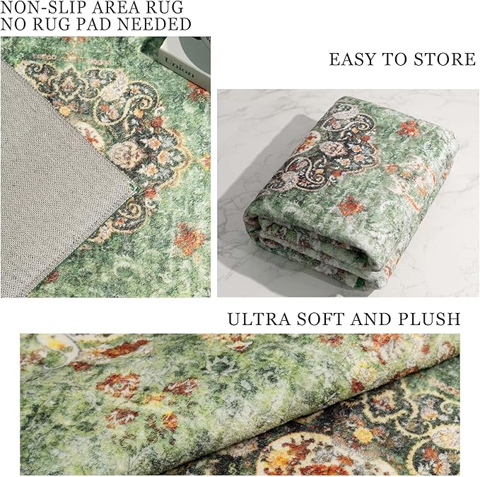 5x7 Area Rugs Washable,Green Rug for Living Room Bedroom Kitchen,Large Boho Vintage Bohemian Distressed Oriental Carpet Non Slip