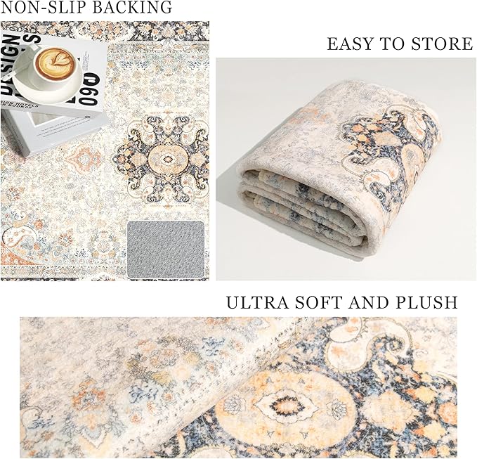 5x7 Area Rugs Washable,Vintage Rug for Living Room Bedroom Kitchen,Large Boho Bohemian Distressed Carpet Non Slip,Retro Blue Grey Floral
