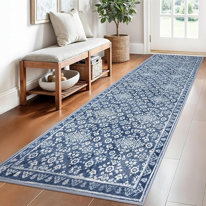 Vintage 2.6x8 Hallway Runner, Denim Blue White Washable Non-Slip Hallway Carpet, Super Soft Kitchen Runner Rug, Print Faux Wool Floral Thin Carpet for Indoor & Bedside