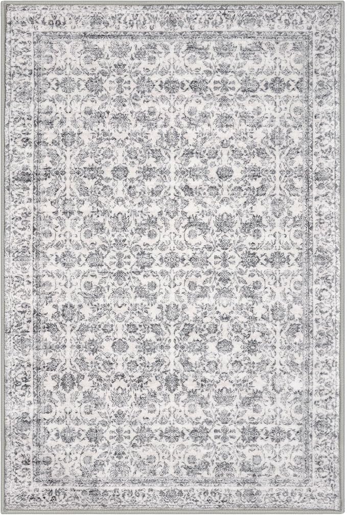 2x3 Washable Rug Soft Area Rug for Entryway, Grey Non-Slip Indoor Door Mat Distressed Floral Low-Pile Kitchen Rugs, Neutral Vintage Carpet for Entrance Kitchen Bedside Farmhouse