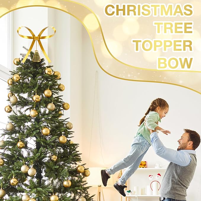 Metal Christmas Bow Tree Topper, Christmas Gold Bow Ornament Decorations for Xmas Tree Topper Garland Wreath Indoor Outdoor Decor, 9.5 x 8.7''