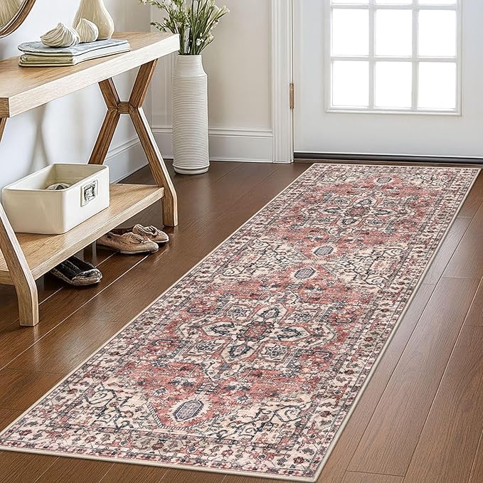 KOZYFLY Runners for Hallways 2x6 Ft Washable Kitchen Runner Rug Boho Runner Rug for Entryway Indoor Printed Oriental Faux Wool Floor Carpet Runner for Bedroom Kitchen Hall, Terracotta/Beige