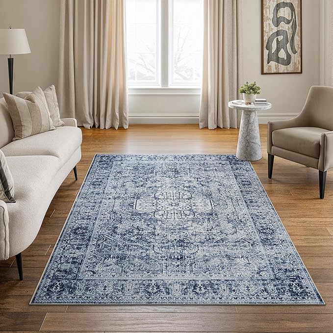 Bloom Rugs Washable Non-Slip 4' x 6' Rug - Ivory/Denim Blue Traditional Medallion Area Rug for Living Room, Bedroom, Dining Room, and Kitchen - Exact Size: 4' x 6'