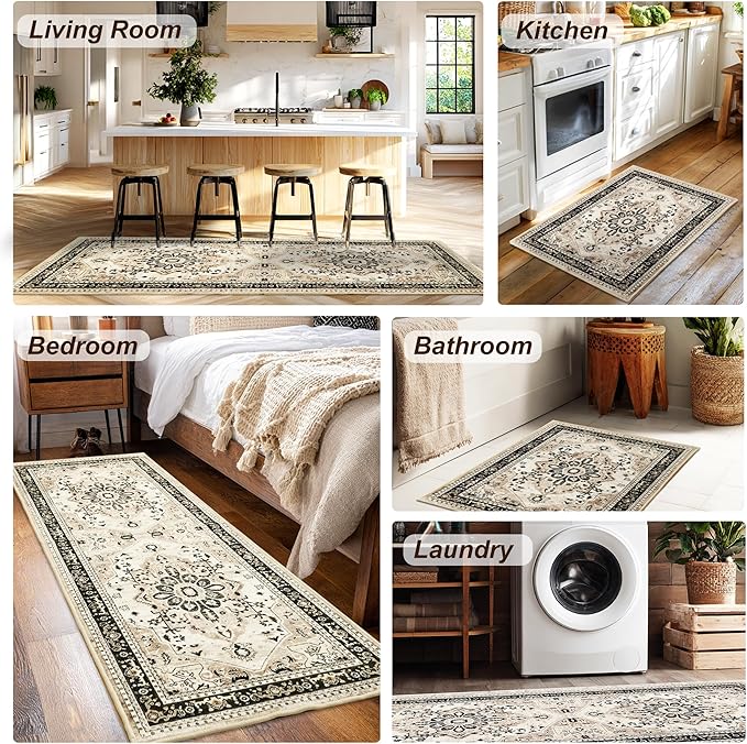 XWZO Washable Hallway Runner Rug 2x8ft — Non-Slip Low Pile Area Rug with Rubber Backing, Spill Resistant Soft Vintage Floor Carpet Runner for Kitchen Entryway Doorway Bedroom Corridor, Brown Beige