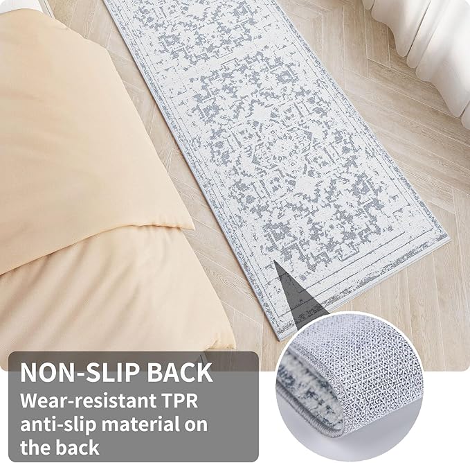 Vintage Runner Rug Non Slip for Hallway Bathroom Kitchen 2x8 ft, Ultra Soft Boho Carpet Runner with Low Pile Design Machine Washable Runner Rugs for Entryway Laundry Living Room (Grey)