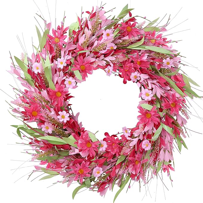 Sggvecsy 21in Valentine's Day Artificial Pink Forsythia Wreath Spring Summer Fake Daisy Wreath Handmade Wreath with Daisies Lavender for Gifts Festival Front Door Window Wall Farmhouse Decor