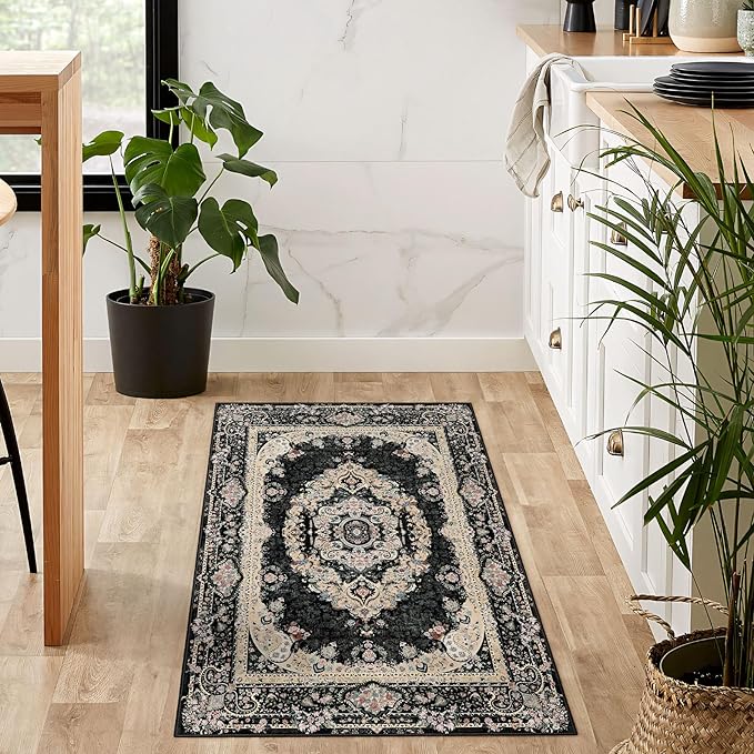 Small Rugs 2x3,Black Rug for Entryway Bathroom Bedroom Kitchen Entrance Doormat,Boho Vintage Bohemian Distressed Washable Accent Floor Throw Carpet Non Slip,Floral