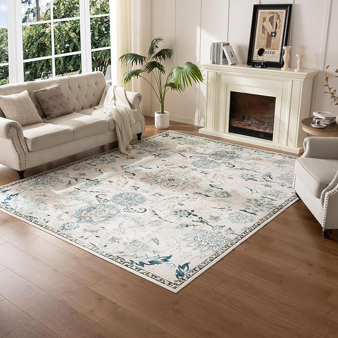 5X8 Area Rug,Washable Vintage Low Pile Rug for Living Room,Non-Slip Rugs for Home Decor, Modern Soft Indoor Carpet for Bedroom,Dinning Room,Office,Nursery,Blue