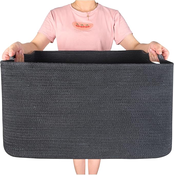 MINTWOOD Design 22in Extra Large Blanket Basket Holder Living Room, Rectangle Rope Woven Storage Basket with Handles for Laundry, Pool Towels, and Shoes, Dog Toy Organizer Bin Box, Charcoal