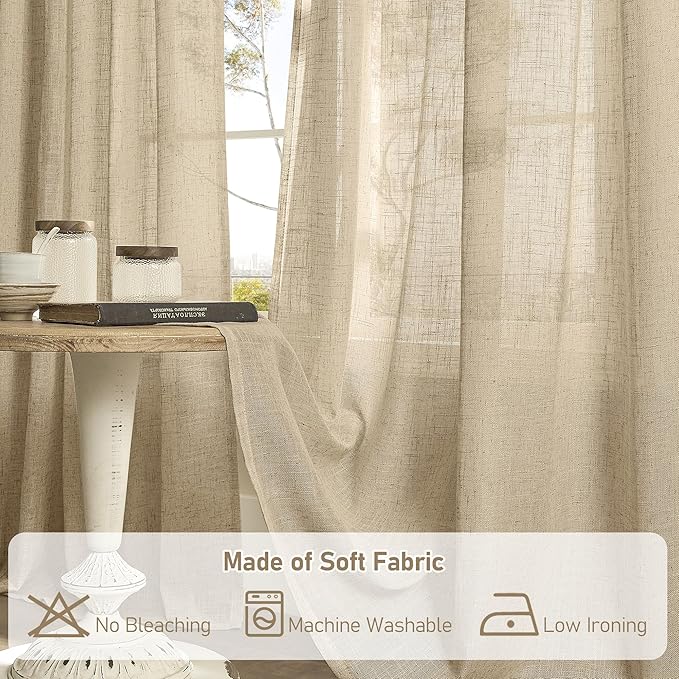 LAMIT Linen Blended Curtains for Bedroom, Faux Linen Textured Light Filtering Drapes Back Tab and Rod Pocket Boho Burlap Panels for Farmhouse/Living Room, 2 Panels, 52 x 72 Inch, Brown