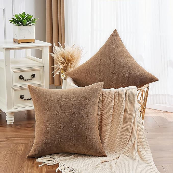 GAWAMAY Decorative Square Throw Pillow Covers 18"x18" Inch Set of 2, Super Soft Chenille Pillows Cover Fall Pillowcase for Living Room Bedroom Sofa Couch Cushion Cover Brown 45x45cm (No Inserts)