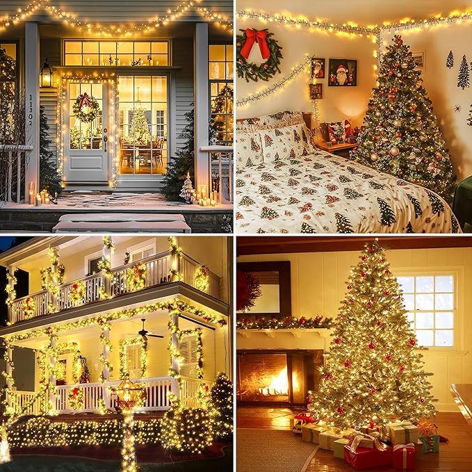 Christmas Cluster Lights Plug-in 49FT 600 LED Fairy String Lights, 8 Modes Timer Waterproof for Christmas Tree Party Decor Warm White