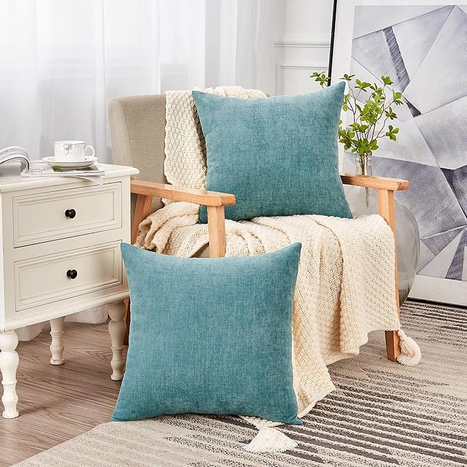 GAWAMAY Decorative Square Throw Pillow Covers 22"x22" Inch Set of 2, Super Soft Chenille Pillows Farmhouse Fall Pillowcase for Living Room Bedroom Sofa Couch Cushion Cover Smoke Blue 55x55cm