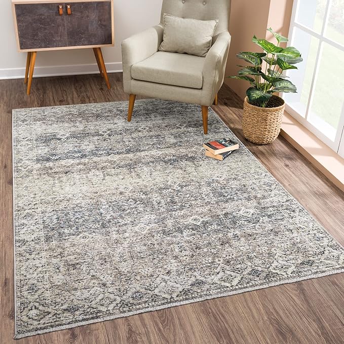 Bloom Rugs Washable Non-Slip 2x3 Rug - Beige Brown/Teal Traditional Oriental Area Rug for Living Room, Bedroom, Dining Room, and Kitchen - Exact Size: 2' x 3'