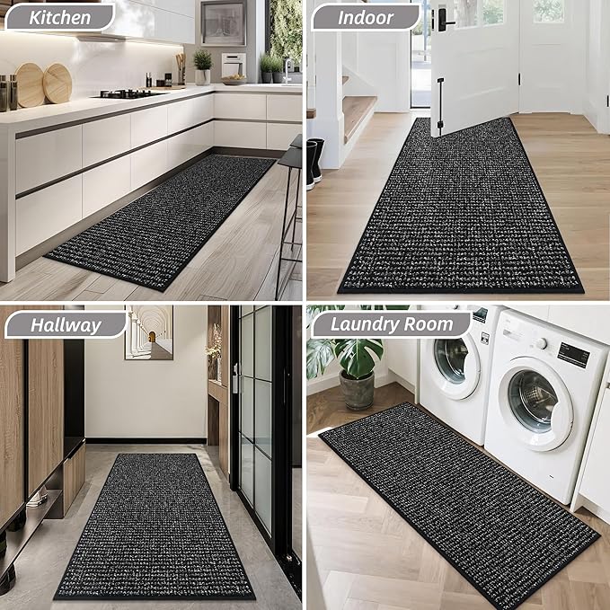 BEQHAUSE Dirt Trapper Door Mat 24" x 60", Non-Slip Washable Doormats Entrance Mat, Dirt Resistant and Absorbent Welcome Mat, Low Profile Floor Mats for Front Back Door and Entryway, Black