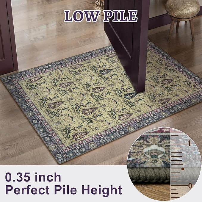 Tangsoo 2x6 Washable Runner Rug for Hallways, Non Slip Vintage Boho Purple Floral Rug for Entryway Kitchen Laundry, Non Slip Soft Low Pile Indoor Rug for Bedroom Bathroom Beside