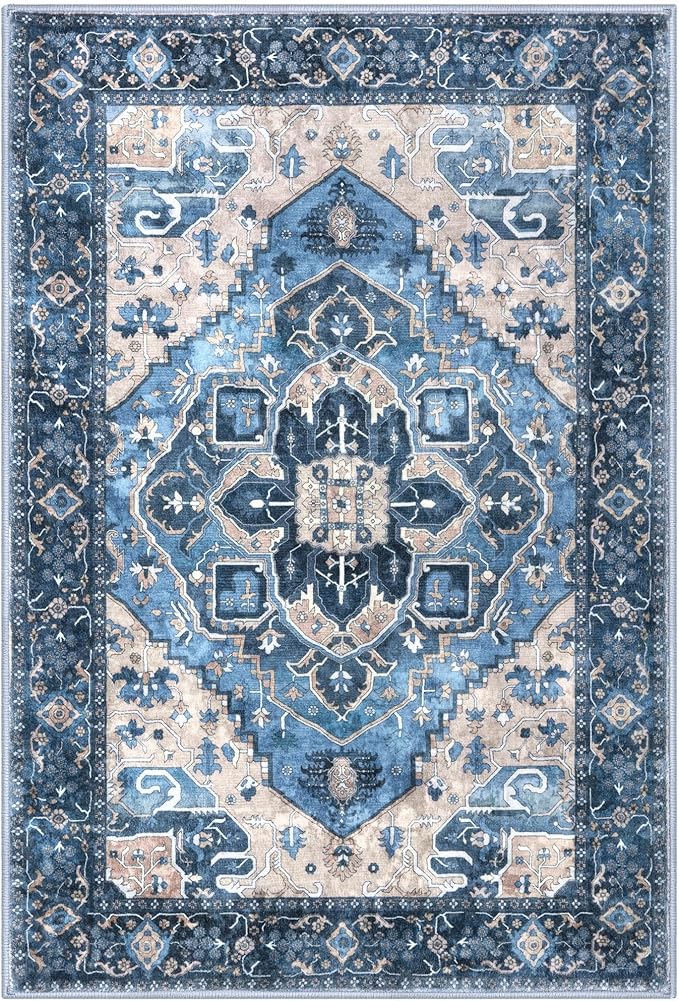 3x5 Washable Area Rug for Entryway, Blue Soft Boho Rug with Non-Slip, Low-Pile Vintage Floor Area Rugs for Living Room Bedroom Dining, Dorm Carpet with Non-Shedding