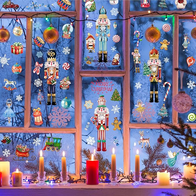 BORAMDO Christmas Nutcracker Window Clings - 12 Sheets of Removable Decals, Stickers for Glass Windows, Xmas Holiday Home Office Decor, 12 Styles