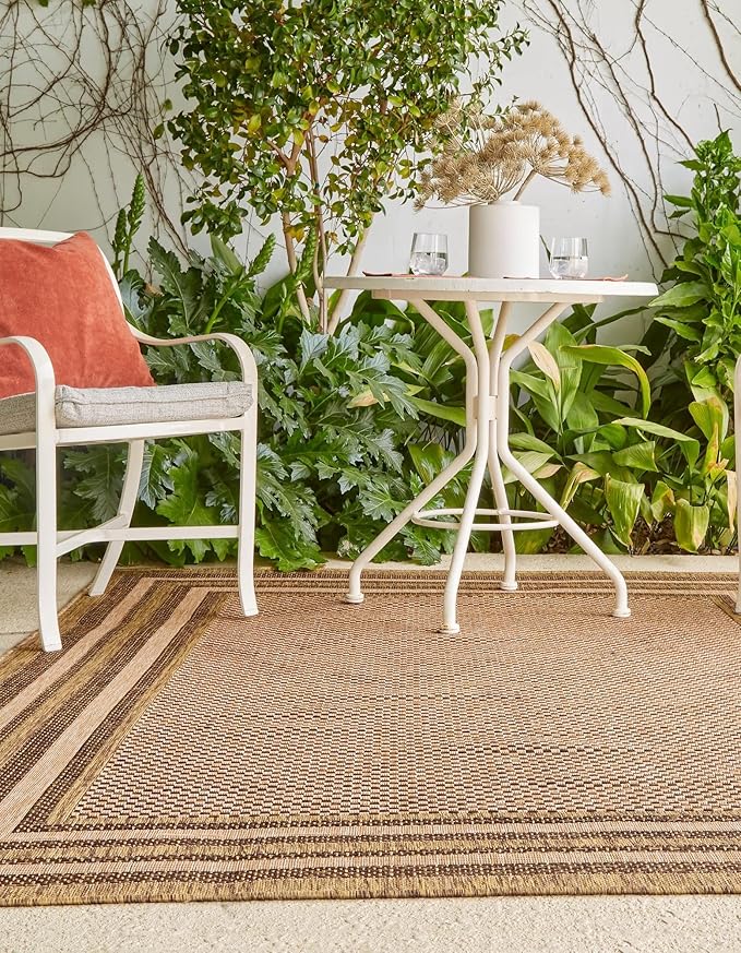 Unique Loom Outdoor Border Collection Area Rug - Multi Border (5' 3" x 8' Rectangle, Light Brown/ Brown)