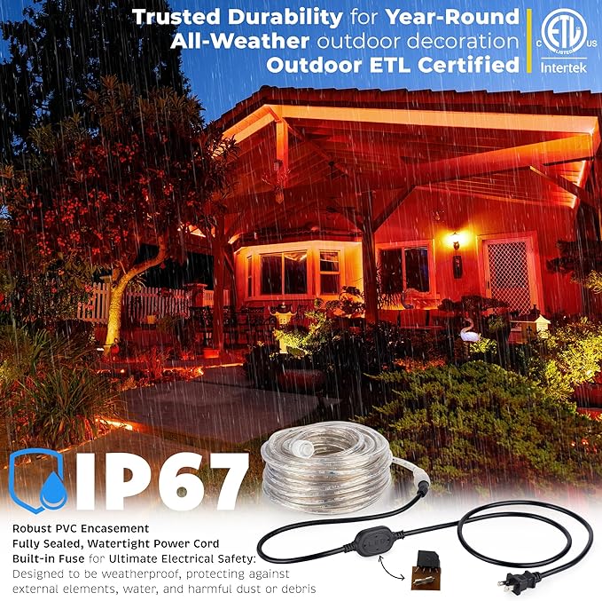 WYZworks 3312LEDs, 300ft LED Outside Rope Lights, Waterproof Permanent Outdoor ETL Certified Connectable Clear Tube, Christmas Palm Tree Holiday Decorative Landscape Patio Accent Lighting - Orange
