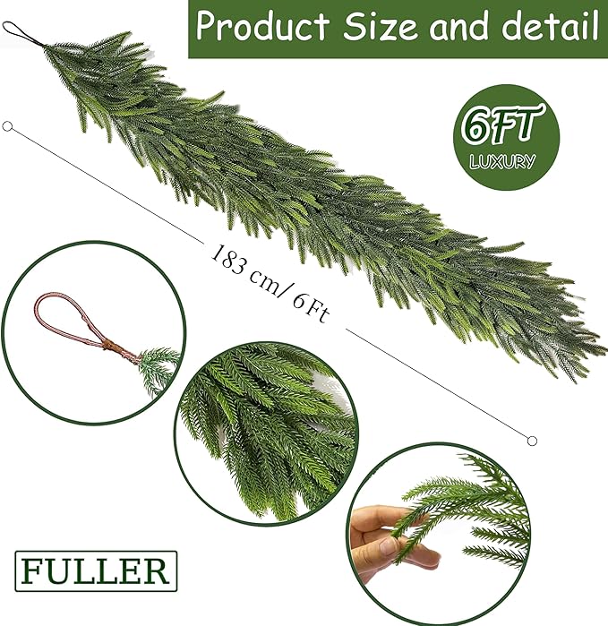 2 Pcs 6 Ft Christmas Garland Real Touch Norfolk Pine Garland Christmas Decorations Faux Realistic Winter Pine Garlands for Mantle, Table, Stairs, Doorframe, Fireplace Indoor Outdoor Holiday Xmas Decor