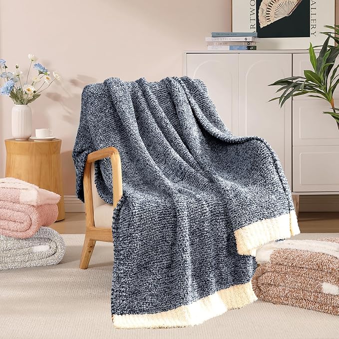 WRENSONGE Throw Blanket Cationic Dyeing Navy Blue Soft Cozy Fluffy Warm Hand Made Weave Throw Blankets for Couch, Sofa, Chair, Bed, Camping, Picnic, Travel Lightweight Bed Blanket - 60"x80"