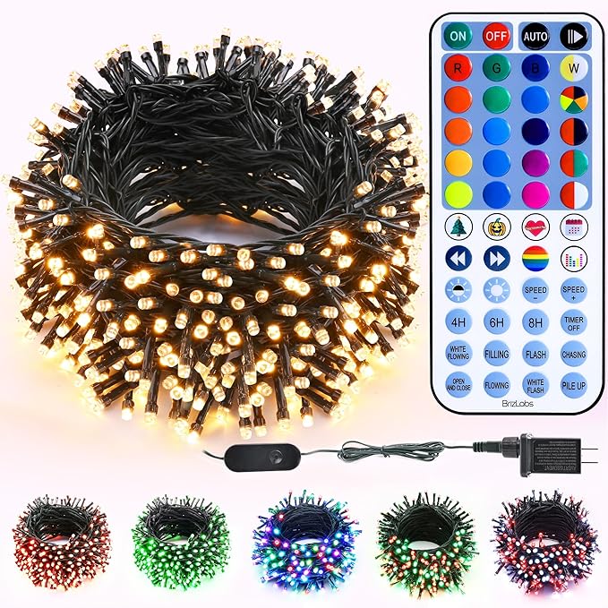BrizLabs RGB + Warm White Christmas Lights, 98.5FT 300 LED Color Changing String Lights with Remote, Red White Christmas Light, Twinkle Mini Light Dimmable Tree Light for Indoor Outdoor Xmas Halloween
