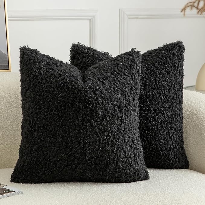 Pack of 2 Curly Teddy Wool Faux Fur Throw Pillow Covers Fuzzy Accent Soft Sherpa Pillowcases Sheepskin Fleece Decorative Cushion Case for Sofa Couch Living Room 26x26 Inch Black