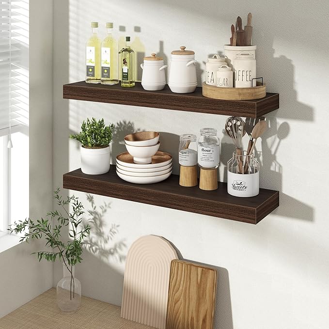 24 Inch Floating Shelves for Wall 2 Pack, 24" Wall Shelves for Books, Storage, Decor, Wall Mounted Floating Shelf with Invisible Brackets for Kitchen, Living Room, Walnut