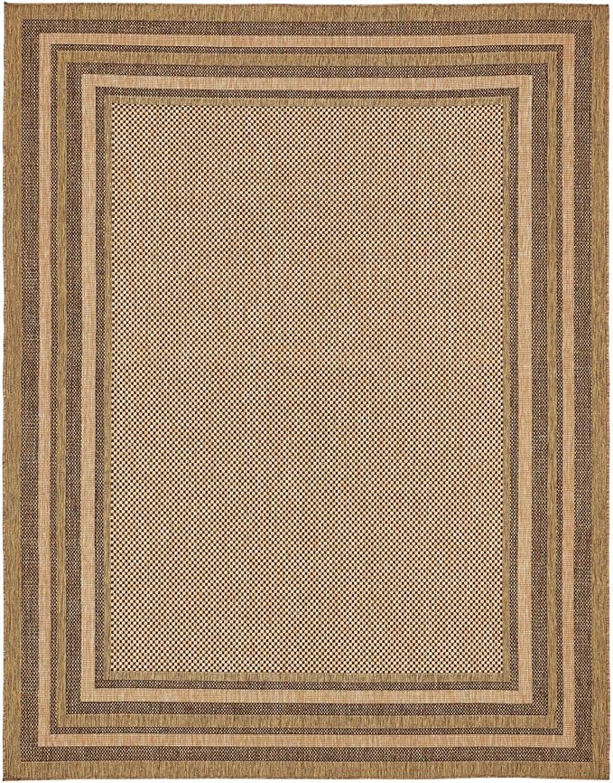 Unique Loom Outdoor Border Collection Area Rug - Multi Border (9' x 12' Rectangle, Light Brown/ Brown)