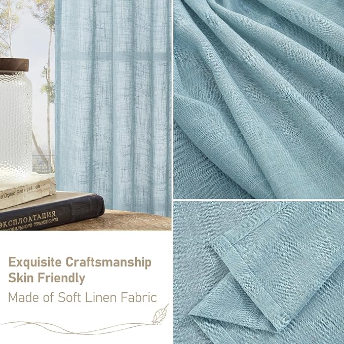 LAMIT Sheer Linen Curtains 63 Inch for Bedroom, Light Filtering Country Decor Semi Sheer Farmhouse Boho Curtains Back Tab and Rod Pocket Living Room Panels, Stone Blue, 2 Panels, 52 x 63 Inch
