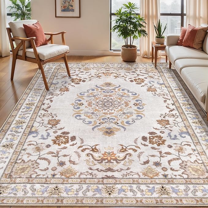 Tangsoo 5x7 Washable Area Rug, Non Slip Boho Neutral Persian Rug for Bedroom Living Room, Vintage Beige Tan Soft Low Pile Floor Indoor Carpet for Bathroom Office Kid & Pets Friendly Home Decor