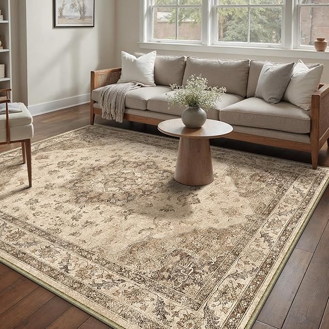 Brown Area Rug 6x9 Washable Vintage Carpet for Living Room Bedroom Large Soft Retro Low Pile Thin Indoor Rug Non Slip Oriental Medallion Floor Cover for Dining Room Office