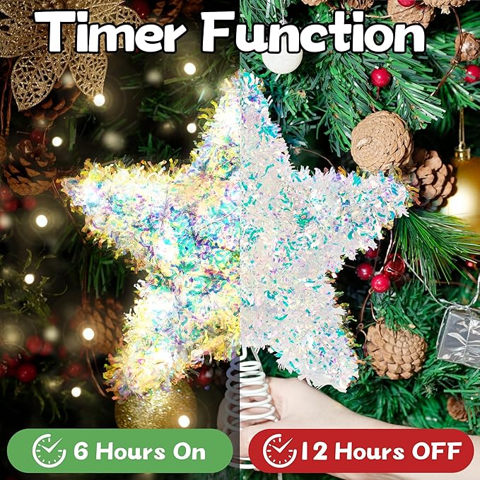 Christmas Tree Topper Star Iridescent Tinsel Star Tree Topper 10 Inch Lighted Tree Topper Battery Operated Christmas Tree Decoration for Holiday Indoor Decoration Warm White Light